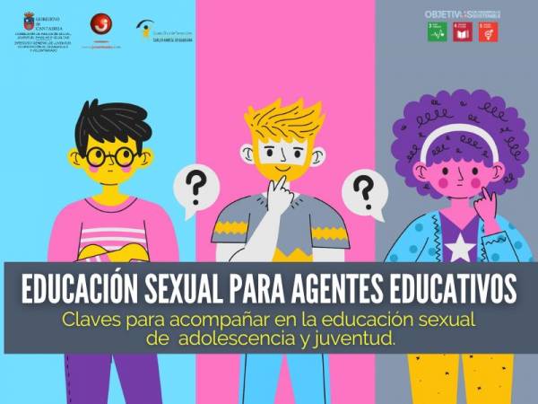 ilustración de tres jovenes cartel con colores rosa, azul y gris cartel del curso de Educación Sexual