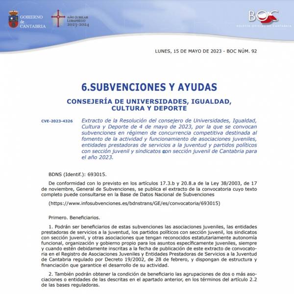 Convocatoria Subvenciones para Asociaciones Juveniles en Cantabria 2023