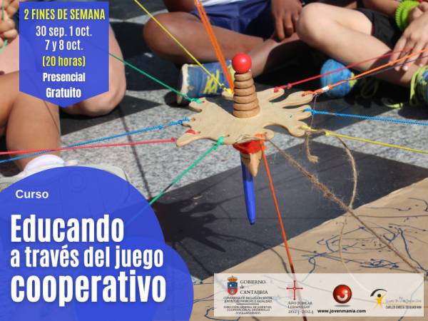 Imagen de personas jugando con un lápiz cooperativo, dibujando un mural entre todas. Portada del folleto del curso Educando a través del juego 