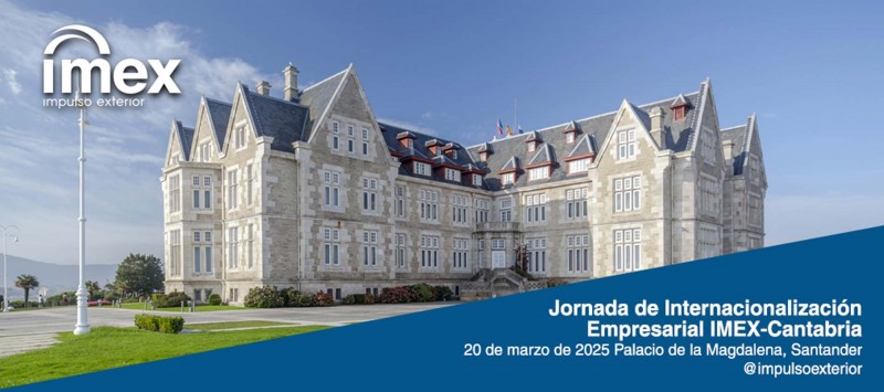 Cartel de la Jornada de Internacionalización Empresarial IMEX-Cantabria, 20 marzo. Aparece el Palacio de la Magdalena, donde se realiza el evento.
