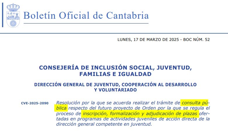 Imagen del BOC Consulta Pública para regular el proceso de inscripción en actividades