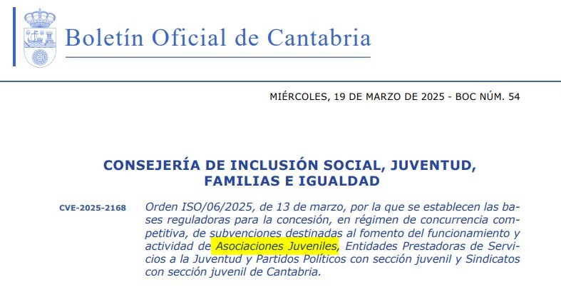 BOC Subvención para el fomento de la actividad y funcionamiento de Asociaciones Juveniles