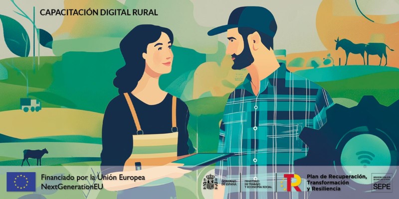 Cartel del Plan de Fomento del Empleo Agrario para la Alfabetización Digital, aparecen un dibujo de dos  agricultores con una tableta digital.