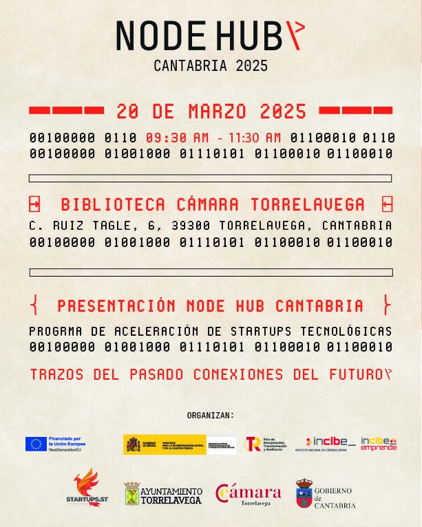 Cartel de presentación del NODE HUB Cantabria 2025 en Torrelavega. Programa de aceleración de empresas tecnológicas