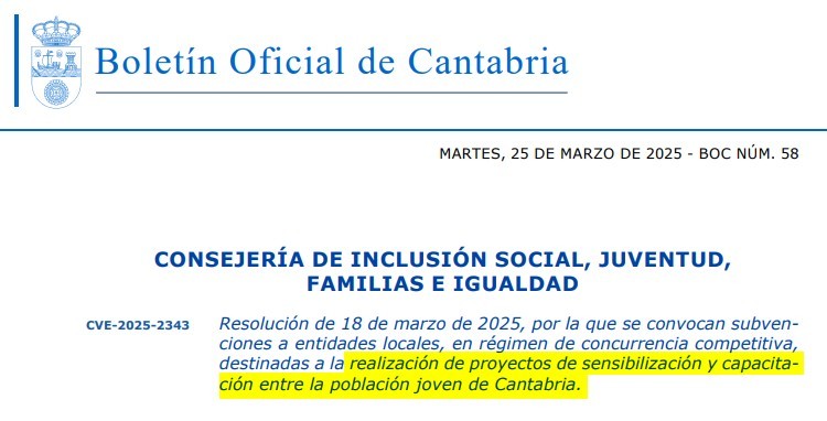 BOC  Subvenciones para la realización de "Proyectos de sensibilización y capacitación entre la población joven de Cantabria"
