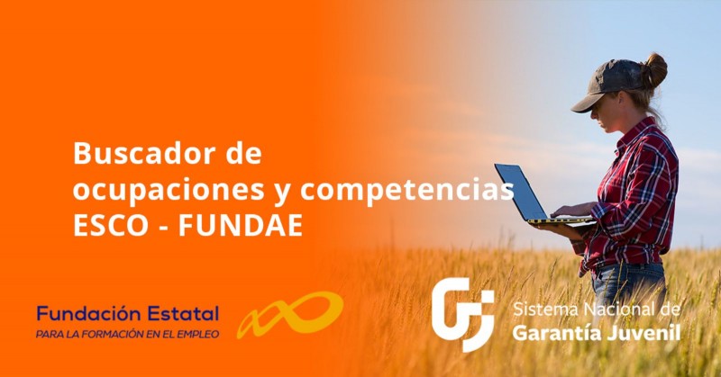 Cartel del buscador con texto blanco sobre fondo naranja. A la derecha una chica rubia con gorra de pie en un campo con portátil abierto en la mano