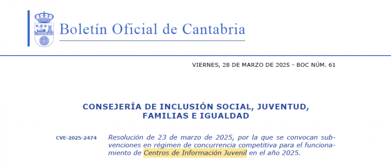 Encabezado de la subvención para centros de Información Juvenil publicada en el  Boletín Oficial  de Cantabria