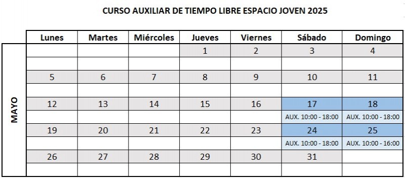 Calendario del curso de Auxiliar de Tiempo Libre