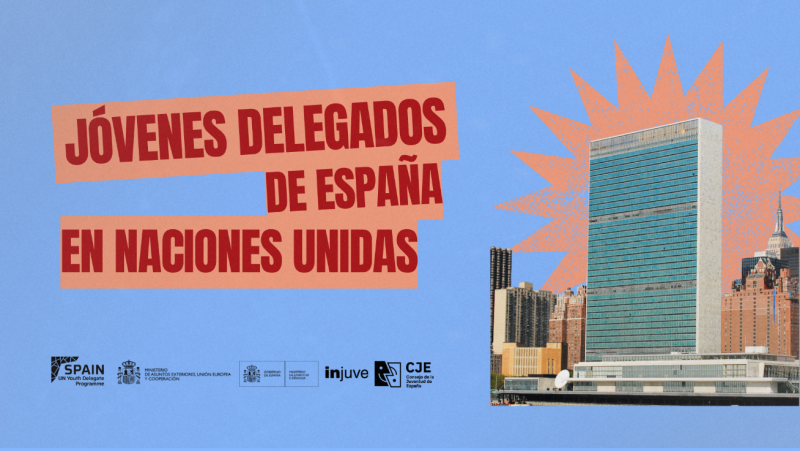 cartel zul con edificio de las Naciones Unidas y texto del programa dentro de bocadillo tipo comic a modo llamamiento