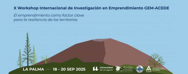 cartel promocional del evento con dibujo de volcán de La Palma