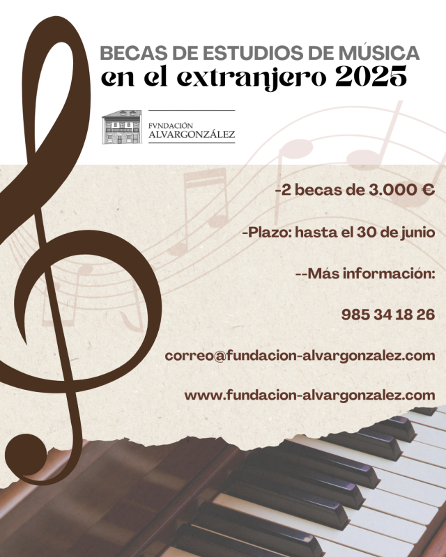 cartel promocional de las becas con texto, parte de una clave de sol y piano como imágenes de fondo