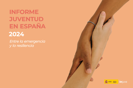Cartel promocional del informe en tono rosa salmón con una mano que se sale de abajo y otra de arriba entrelazándose