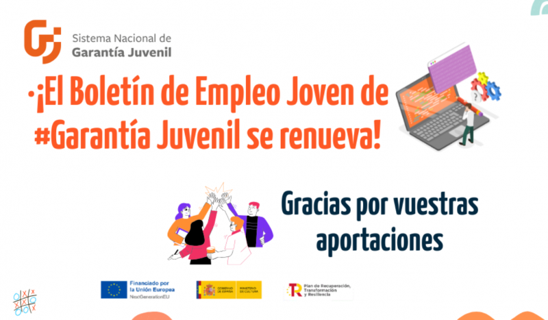 texto en naranja sobre fondo blanco, dibujo de jóvenes chocando las manos y otro de un portátil en esquina superior derecho
