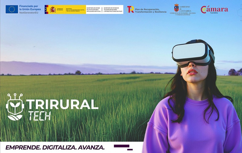 chica con gafas de realidad virtual sobre fondo de campo