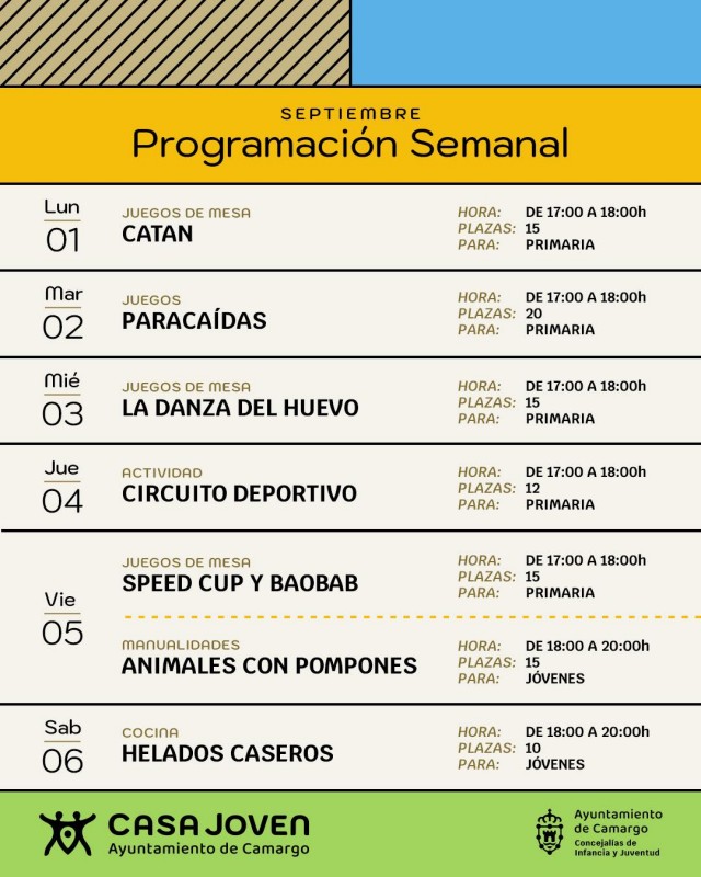 Imagen que muestra el programa semanal de la Casa Joven de Camargo.