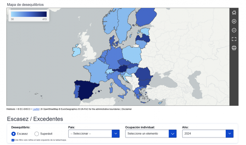 Mapa de la Escasez y excedente de mano de obra en Europa