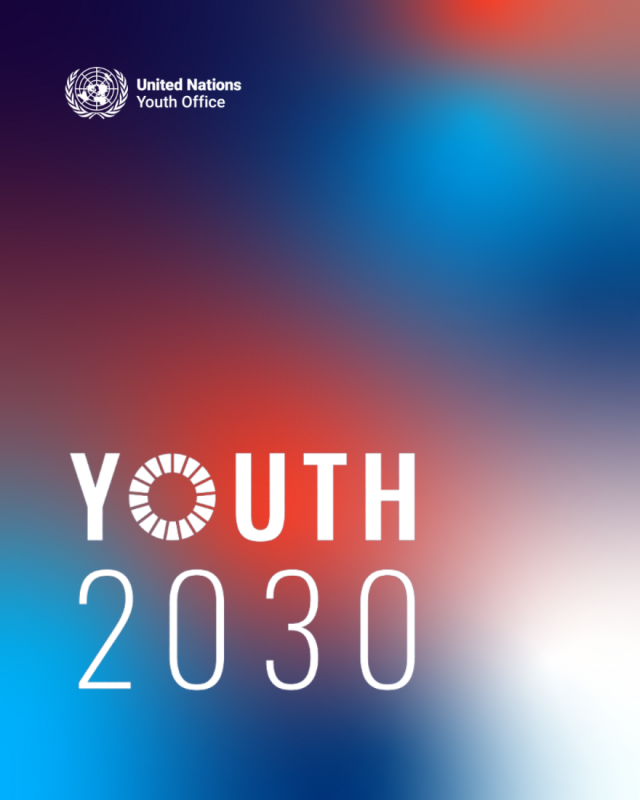 cartel en degradados rojos y azules, texto en blanco YOUTH 2030 en donde la O es el disco de la Agenda 2030
