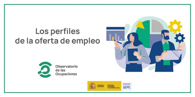 creatividad en blanco con borde verde, logo del SEPE y del Observatorio más dibujo de una mujer y un hombre en sus trabajos