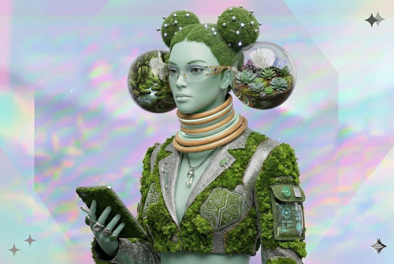 chica futurista con ropa y pelo de musgo con dos mo&ntilde;os 