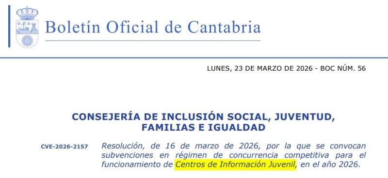 convocatoria Subvenci&oacute;n para Centros de Informaci&oacute;n Juvenil 2026