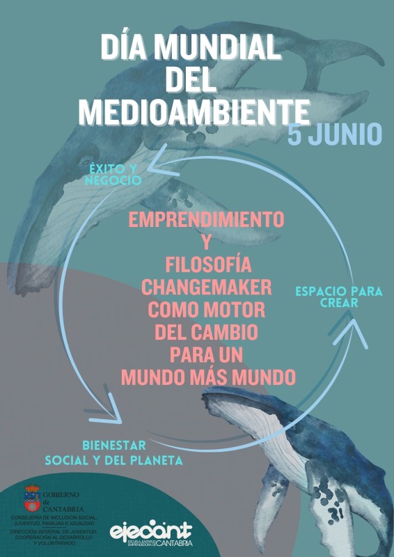 cartel en verdes con dos dibujos de ballenas y diagrama en c&iacute;rculo donde se ve que el planeta sano lleva a espacio para crear y ello al emprendimiento