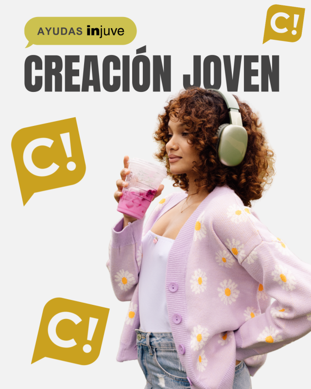 cartel claro con chica rizosa  con chaqueta rosa, bebiendo un batido rosa y cascos puestos
