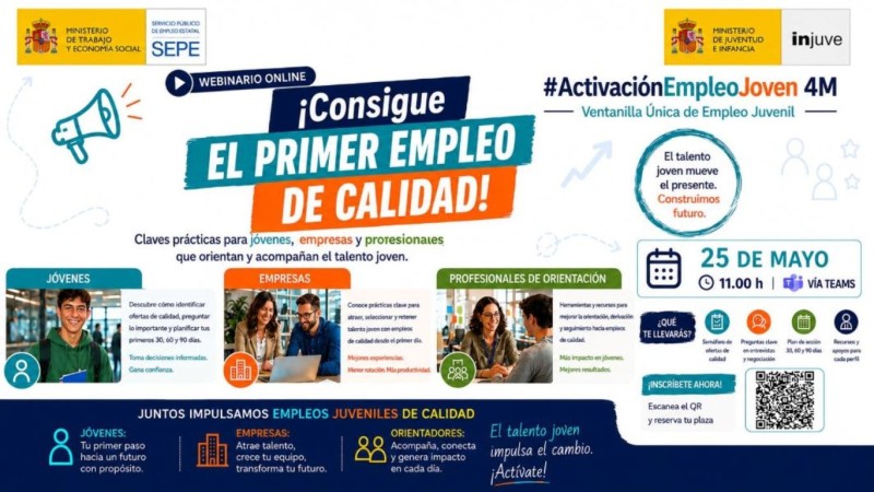cartel promocional con fondo blanco y texto en azules y naranja, un meg&aacute;fono del que sale el t&iacute;tulo