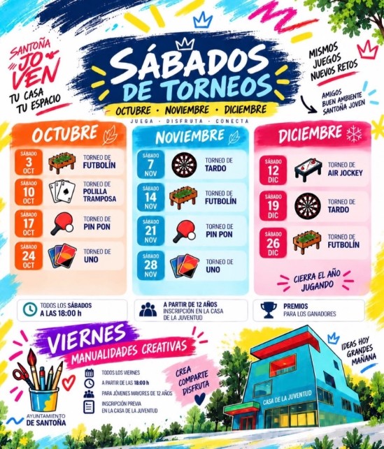 cartel Santo&ntilde;a. Programaci&oacute;n de oto&ntilde;o con torneos y talleres creativos