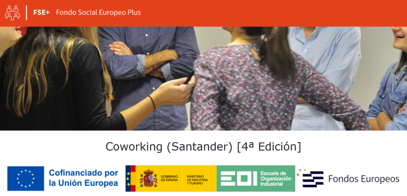 Sobre imagen grupo gente joven, titulo Coworking Santander y logos: UE, Gob. de España, EOI y Fondos Europeos