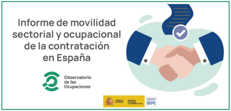 Sobre fondo blanco y perimetro rectangular verde, titulo, dibujo aprenton de manos, y logos Ministerio de Espa&ntilde;a de Trabajo y SEPE