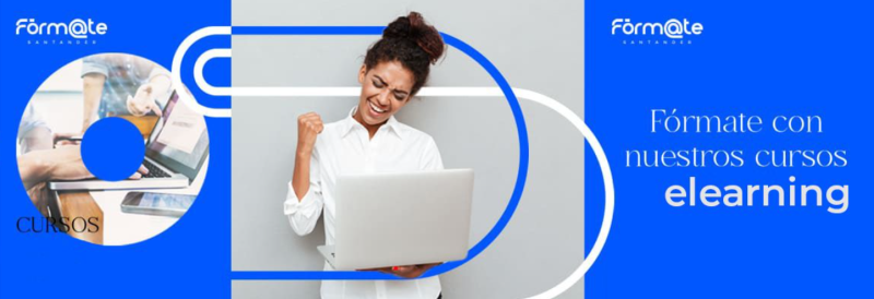 Sobre fondo azul, una chica camisa blanca con su portatil en mano y gesto con el otro pu&ntilde;o a modo, bien! conseguido!