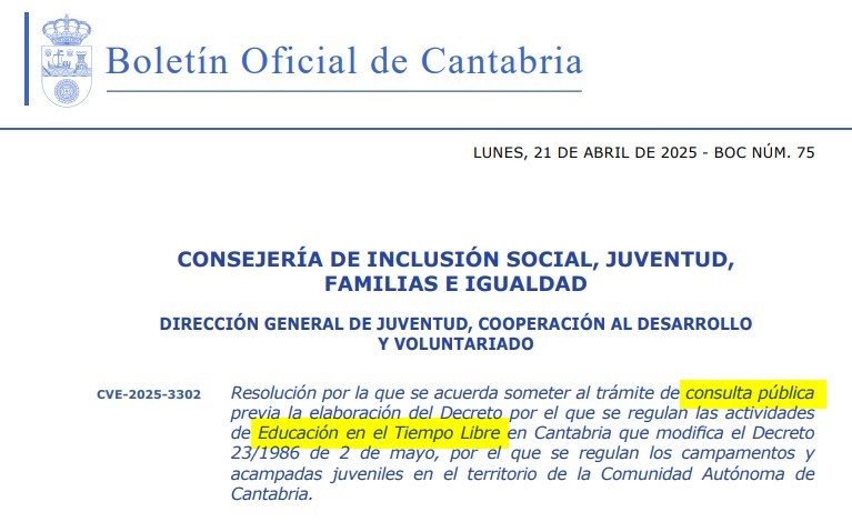 BOC 'Consulta Pública'  para regular las actividades de Educación en el Tiempo Libre