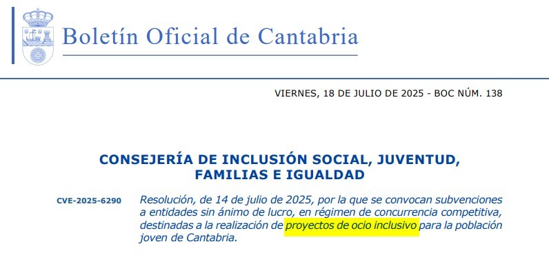 resolución de convocatoria subvención 'Proyectos de Ocio Inclusivo