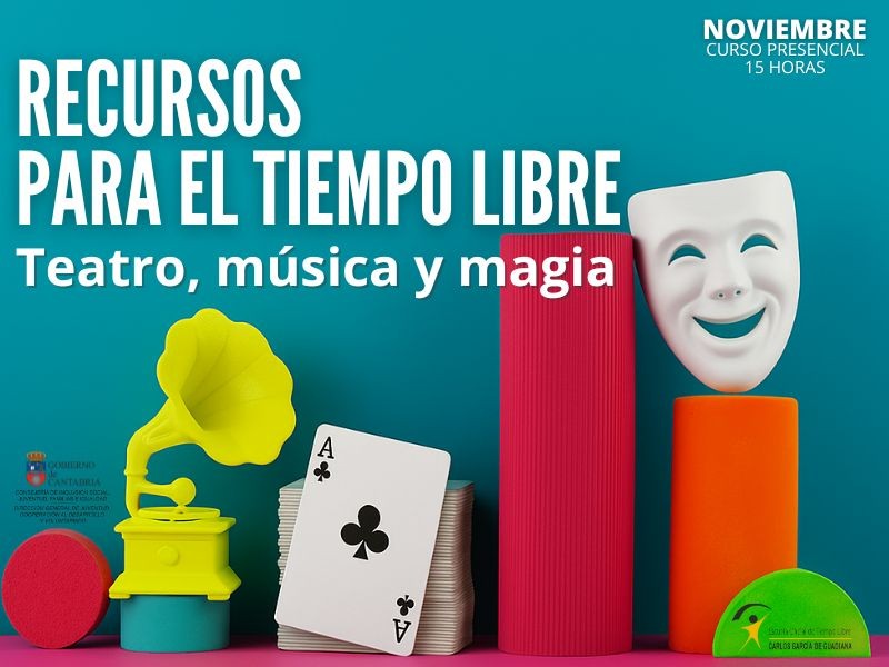 Imagen de una mascara de teatro, una baraja de cartas y un megafono con el titulo del curso