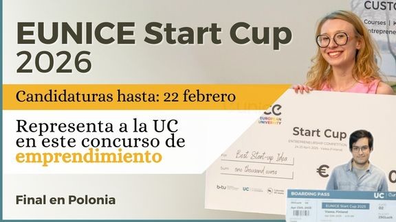 cartel promocional en amarillo con una chica con gafas sosteniendo cheque del premio