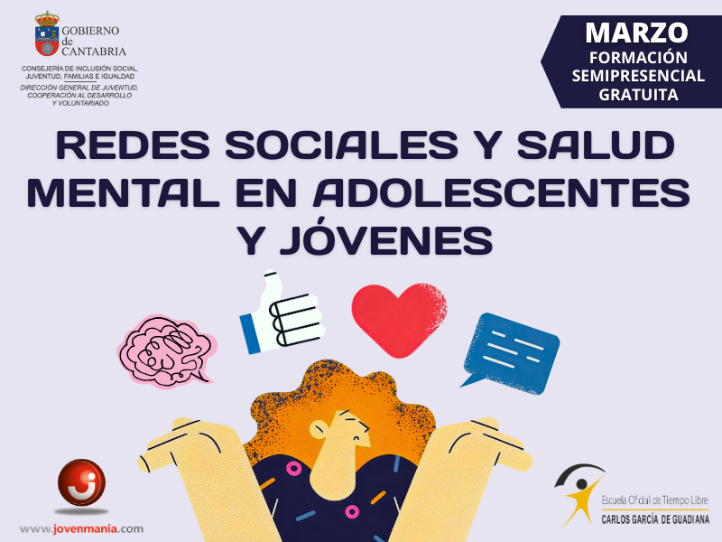 Ilustración chica con elementos de redes sociales y emociones, y titulo del curso