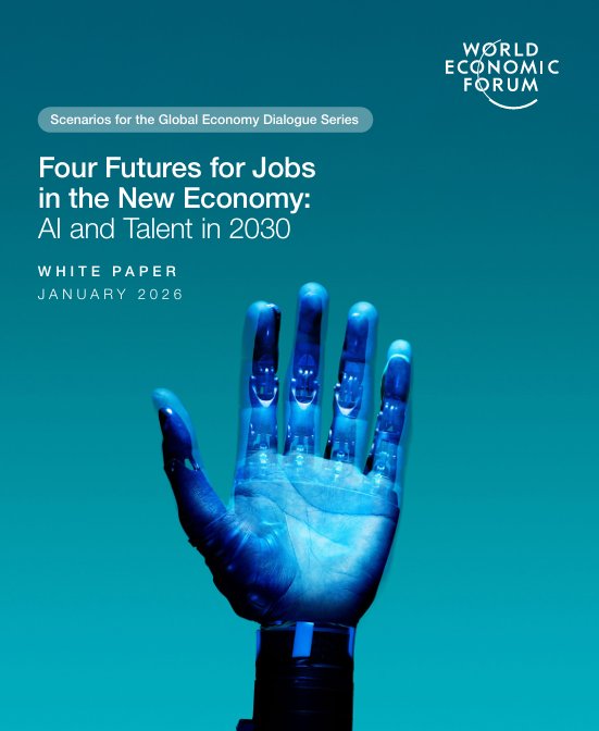 Cartel del Informe del World Economic Forum que analiza las directrices estratégicas, riesgos y oportunidades de la nueva economía.