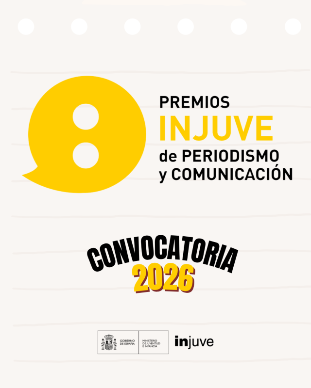 cartel en tono crema con texto negro y amarillo de título de la convocatoria y logo INJUVE