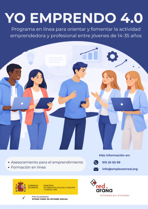 círculo azul claro con 5 jóvenes hablando con portátiles en la mano y texto blanco arriba sobre fondo azul marino