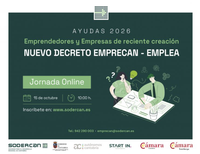 Sobre fondo verde oscuro, Ayudas 2026: Nuevo decreto EMPRECAN-EMPLEA, jornada online 15 oct 10:00h