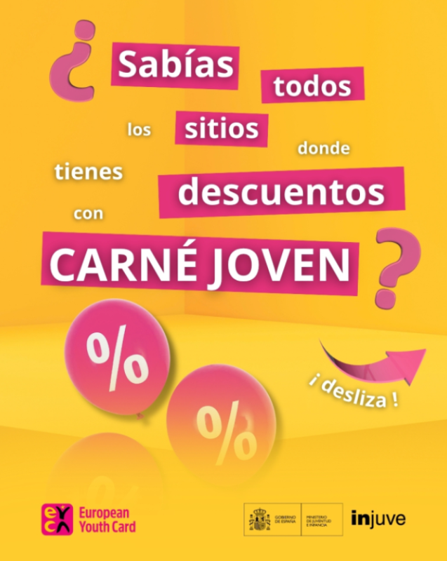 Sobre fondo amarillo, &iquest;Sab&iacute;as todos los sitios donde tienes descuentos con carn&eacute; joven?