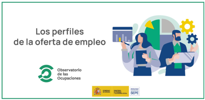 Sobre fondo blanco: Los perfiles de la oferta de empleo. Observatorio de las ocupaciones. Logo SEPE, dibujo chica y chico, gr&aacute;ficos, herramientas, etc