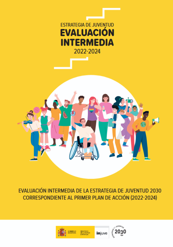 cartel en amarillo con texto negro y un c&iacute;rcula blanco sobre el que aparece un dibujo de un grupo variado de j&oacute;venes de todos los tipos