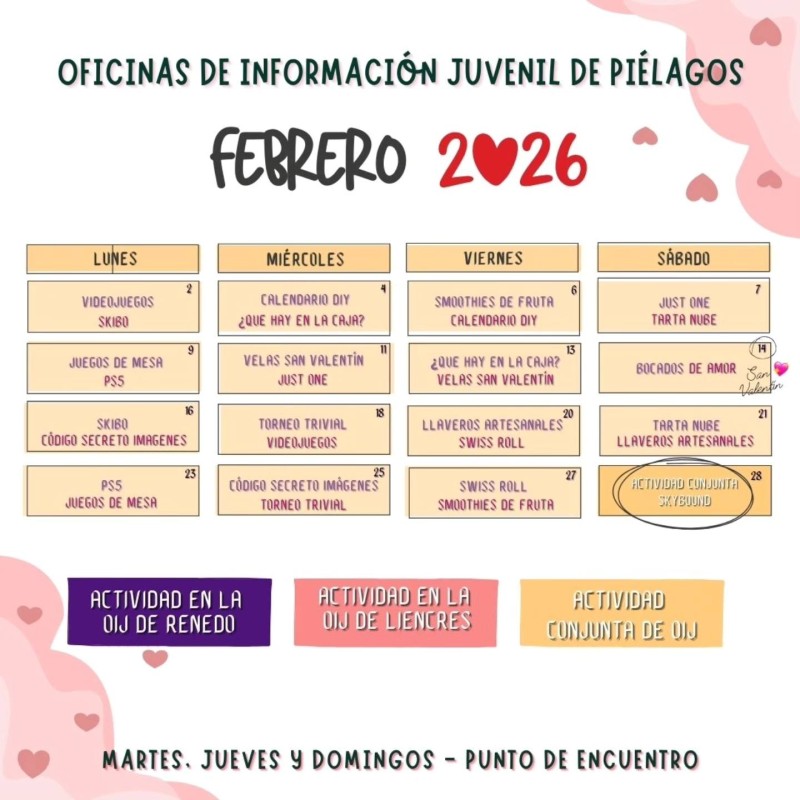 Cartel completo de la programaic&oacute;n de actividades y talleres de febrero en Pi&eacute;lagos