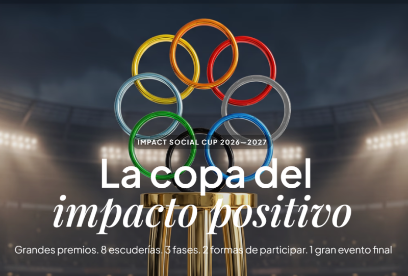 8 aros entrelazados haciendo un circulo como trofeo con un gran estadio de noche, luces encendidas de fondo, apariencia lleno