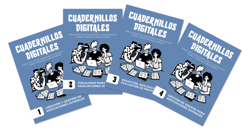 Portada de los cuadernillos, grupo de jóvenes al ordenador
