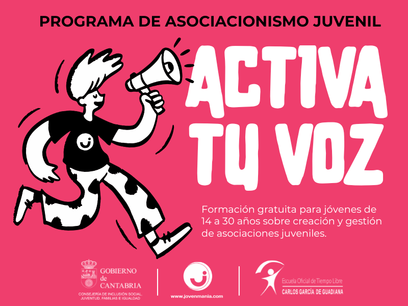 Ilustración de Joven con megáfono y titulo del programa "Activa tu voz"