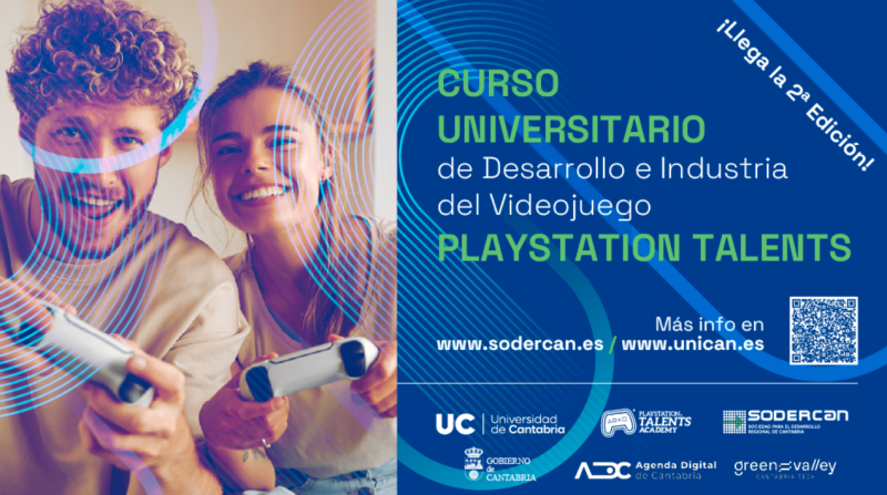 Cartel con chico y chica jóvenes en mitad derecha, y resto fondo azul con titulo curso, QR y 6 logos