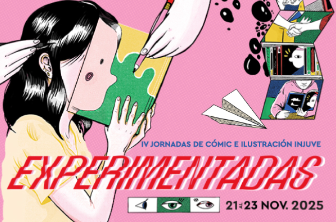 Sobre fondo rosa, el dibujo de una chica con un libro en la cara y varias manos dibujando. En letras movidas "Experimentadas"