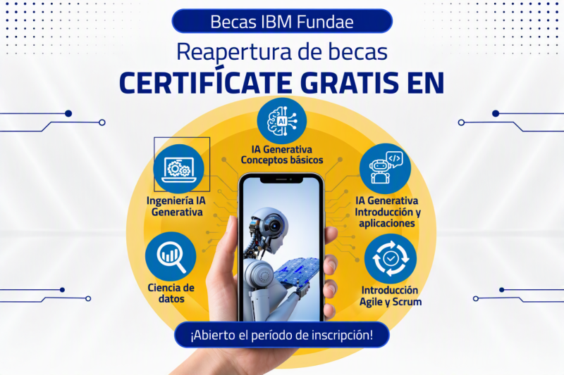 Cartel informativo de las becas con fondo blanco y un círculo amarillo sobre el que se ven figuras y un móvil con imagen de un robot